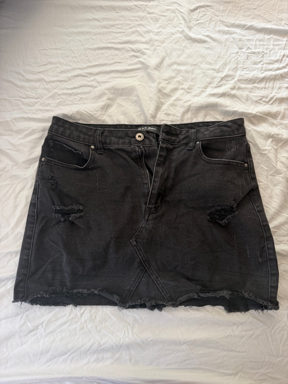 Wax Jean Black Distressed Denim Mini Skirt
